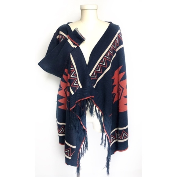 Pink Owl Sweaters - Pink Owl Aztec Print Fringed Blue Cardigan Sweater